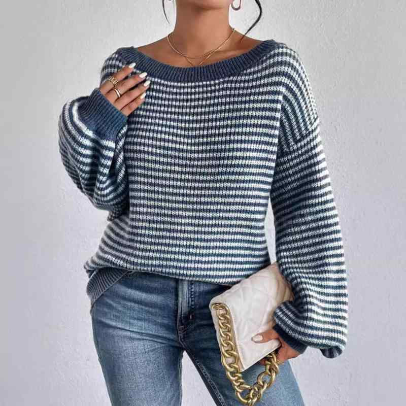 ニット トップス 女性用 長袖 Vネック 灯?袖 切り替え 条?柄 ワイドシルエット 接触冷感 再生繊維 吸湿速乾 秋冬 通勤 普段使い 気質 欧米風 ブルー ベージュ グリーン グレー レッド