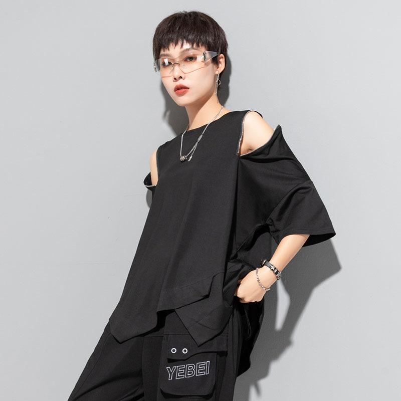 Tシャツ レディース 肩出し 短袖 トップス 切り替え デザイン ラウンドネック ルーズフィット 不規則ヘム ジッパー 街頭スタイル かわいい ユニセックス 有機綿 ブラック ホワイト 夏 吸湿速乾 軽量 伸縮性 通勤 普段使い