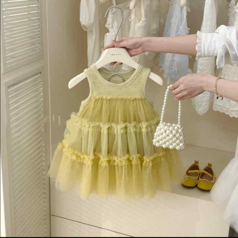 女児 ワンピース 春夏 女の子用 プリンセスドレス 吊り帯 背心 綿素材 70% 切り替え 網? 無袖 ピンク系 アイボリー かわいい 柔軟 軽量 通気性 3～8歳 中小児 100～140cm 普段使い 夏服 ピュアカラー ソフトタッチ