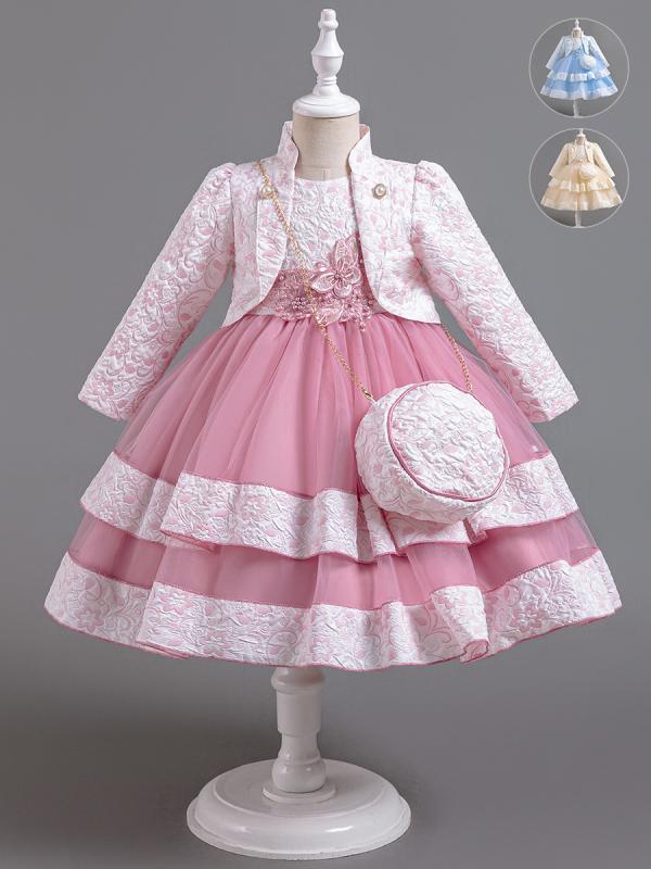 女児 礼服 プリンセスドレス セット 長袖 ワンピース チュチュスカート トップス 3点組 かわいい 花辺 蝶結び 網ヤー コットン混紡 ポリエステル 綿 ライニング 春秋夏 冬 通年 女の子 110cm 120cm 130cm 140cm 150cm