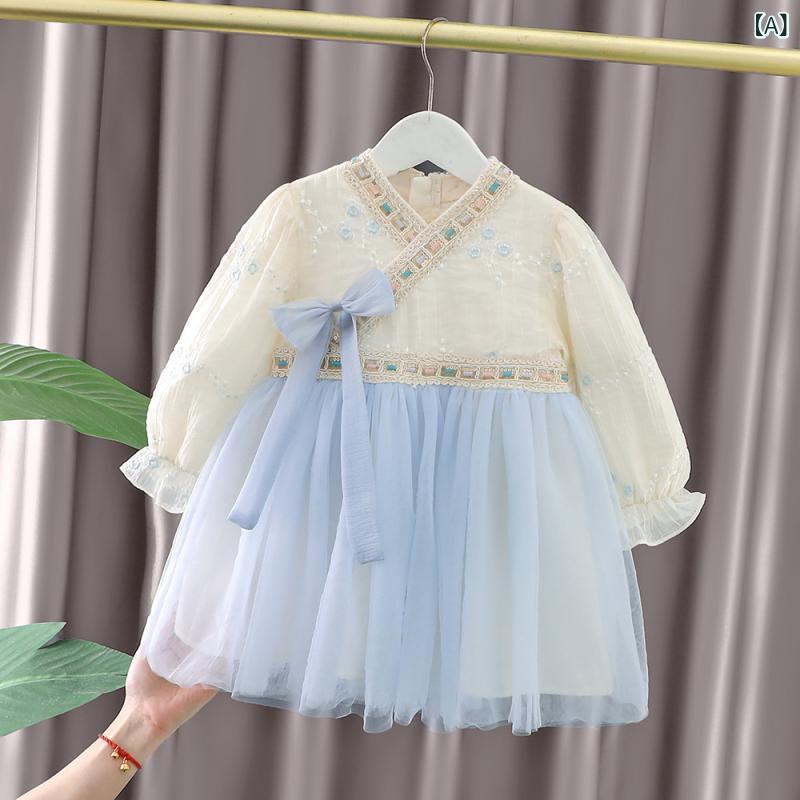 女児 ワンピース キッズ 女の子 1歳用 プリンセスドレス 長袖 秋冬 コットン 厚手 暖か 通年 かわいい 洋気 純色 ブルー 古風 インフィルエンサー スタイル プリンセス トレンド