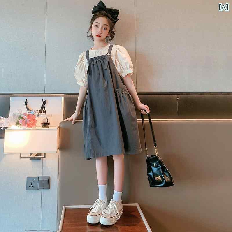 女児 ワンピース 春夏 メンズ 女の子 中大童 綿 100% 接触冷感 柔らかい かわいい プリンセス デザイン 長袖 A ライン スカート 背帯 セット グレー 単色 軽量 通気性 伸縮性 普段使い 部屋着