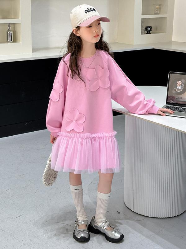 女の子 ワンピース かわいい 花柄 ピンク コットン 長袖 Aライン スカート 春 秋 プリンセス スタイル 柔らかい 素材 8歳以上 大きめサイズ 140cm以上 日常 遊び着 トレンド 韓国風 洋気 キャミソール トップス ドレス ガーリー フラワー
