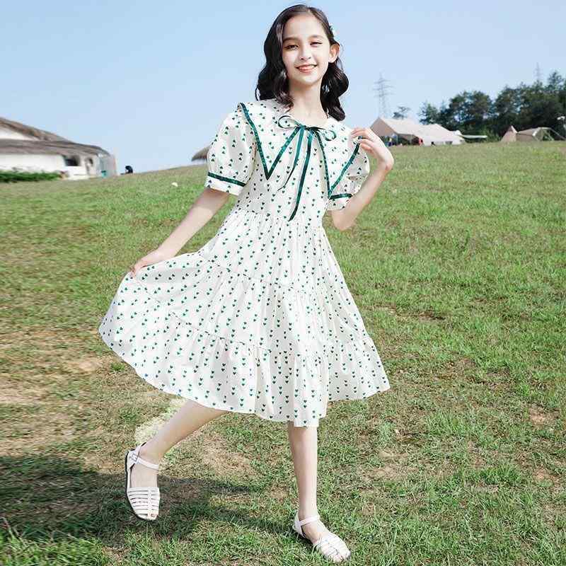 女の子 ワンピース 子供服 夏用 春夏 プリンセスドレス かわいい Aライン 短袖 ドット柄 米白 柔らかい ポリエステル 女児 中学生 大学生用 120cm 130cm 140cm 150cm 160cm 170cm 軽量 通気性 ギャル風 韓国スタイ