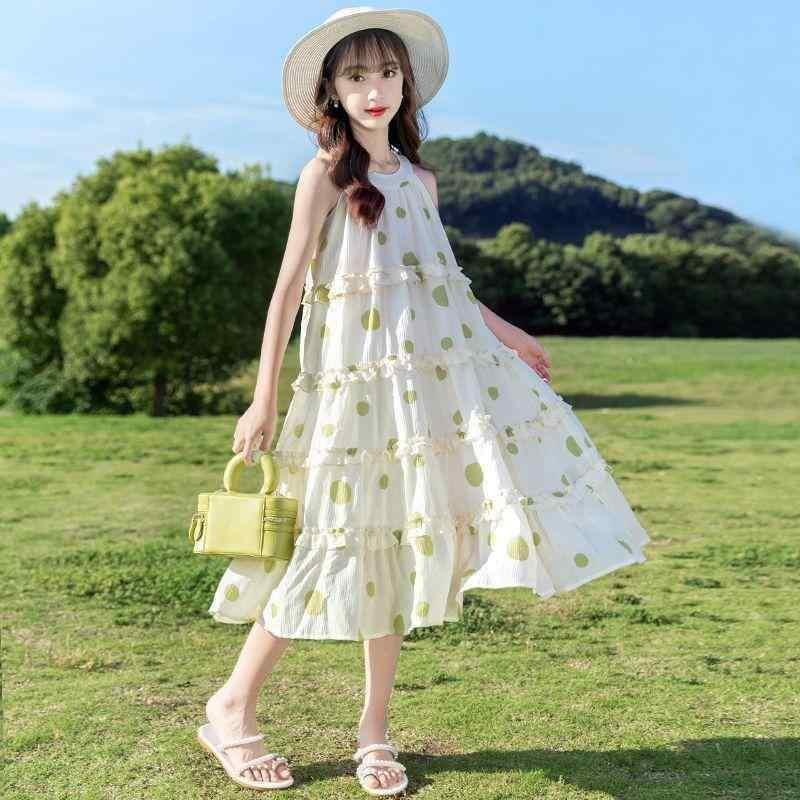 女の子 無袖 ワンピース 春夏 かわいい プリンセス ドレス 女児 中大童 夏服 Aライン スカート 丸柄 米白色 接触冷感 ポリエステル 混紡 柔らかい 生地 洋気 ガーリー ドット柄 軽量 通気性 日常着 女の子服