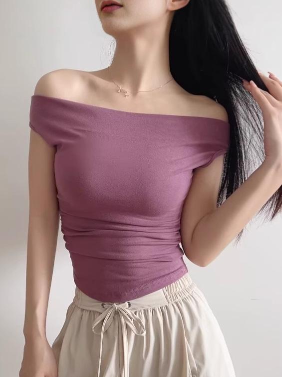 ノースリーブ トップス レディース 夏 春夏 セクシー スパイシー ワンショルダー Vネック 無袖 切り替え プリーツ ウエストイン スリムフィット 短丈 インナー コットン混紡 粘膠繊維 吸湿速乾 軽量 通勤 普段使い 私服 かわいい 女性用 ブラウス