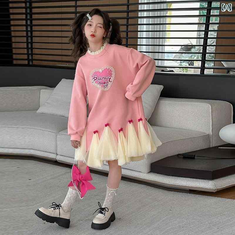 女児 プリンセスドレス 女の子 ワンピース 長袖 春秋 秋冬 かわいい ピンク ポリエステル コットン混紡 フリルスカート プリンセスライン 軽量 伸縮性 普段使い 学校行事 女児服 子供服 ガーリー トゥインクル カードプリント 快適素材 成長期対応