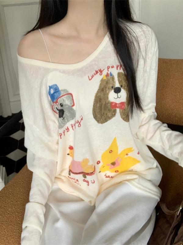 Tシャツ 女性 秋 長袖 Vネック 慵? ルーズ デザイン 防晒 薄手 トップス 罩衫 かわいい 犬プリント 雪花綿 ポリエステル スパンデックス 伸縮性 吸湿速乾 ミドル丈 日韓カジュアル 甘め 清新 杏色 ゆったりシルエット 普段使い