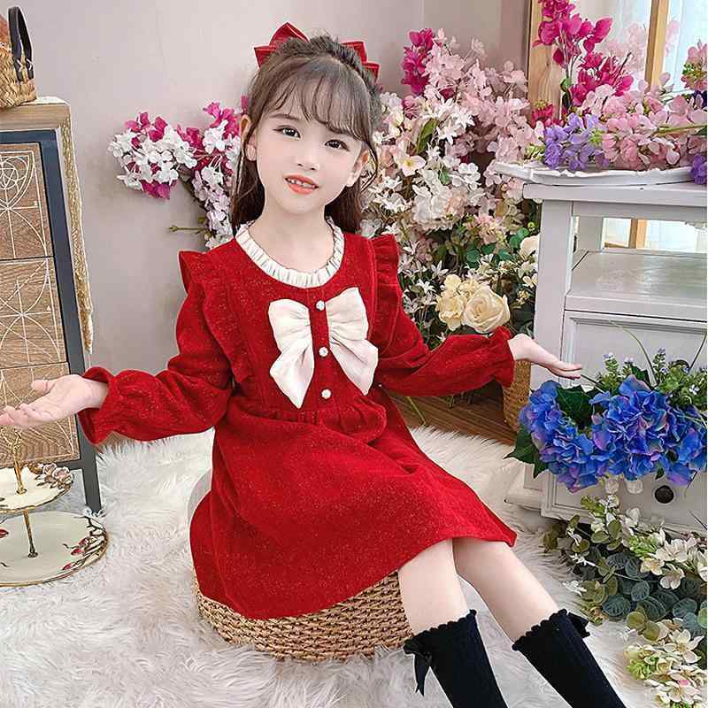 女の子 ワンピース プリンセス 秋冬 長袖 Aライン 灯芯? ポリエステル 100% 赤 ピンク かわいい 甘め コルセット リボン 水晶 ビーズ 起毛加工 暖か 柔らか 伸縮性 3～8歳 中小童 100～150cm 普段使い 室内 遊び着 女の子向け
