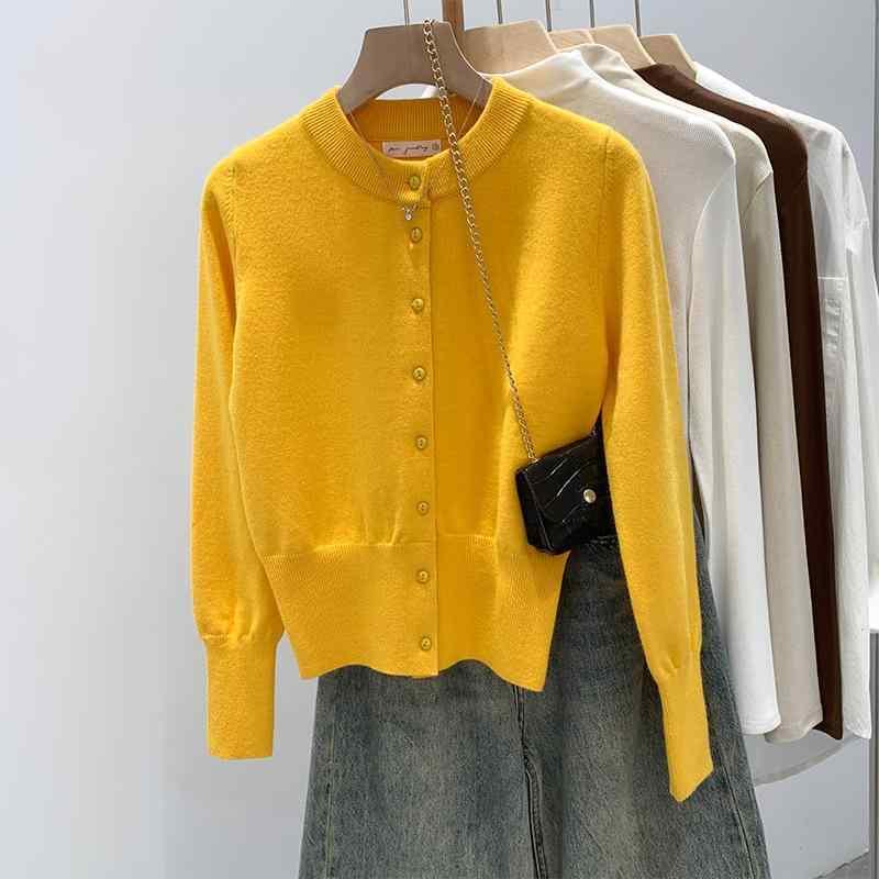 ニット カーディガン レディース 秋冬 韓国風 ゆったり ルーズ トップス 切り替え 長袖 丸首 ボタン 純色 通勤 普段使い 気質 黄色 深灰 ブルー 改性アクリル 粘性繊維 軽量 伸縮性 普通丈 50-65cm