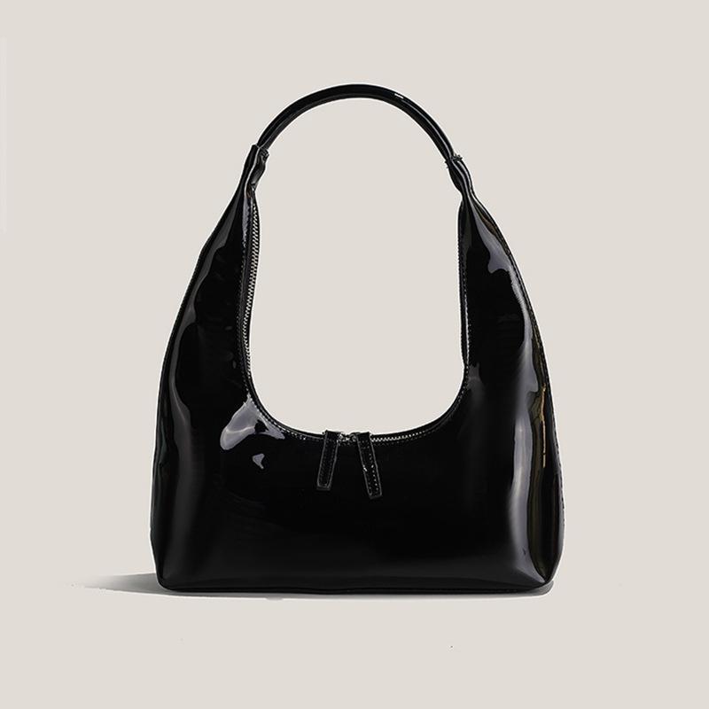 ハンドバッグ 女性用 春夏 赤 ブラック かわいい 復古風 シングルショルダー トートバッグ インスピレーション 光沢PUレザー 饅頭型 バゲット型 アンダーアーム 日常使い ミディアムソフト ステッチ ジッパー ダミー ポリエステル内張り コンパクト