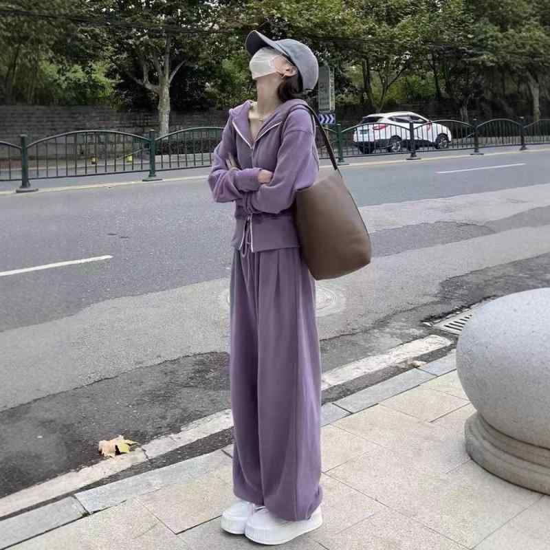 レディース 秋冬 セットアップ トップス 長袖 ジップアップ フーディー ワイドパンツ 長丈 切り替え デザイン ポリエステル ストレッチ 素材 紫 グレー グリーン ピンク ブラック カラー ゆったり シルエット 快適 日常使い 通勤 スタイル 気質