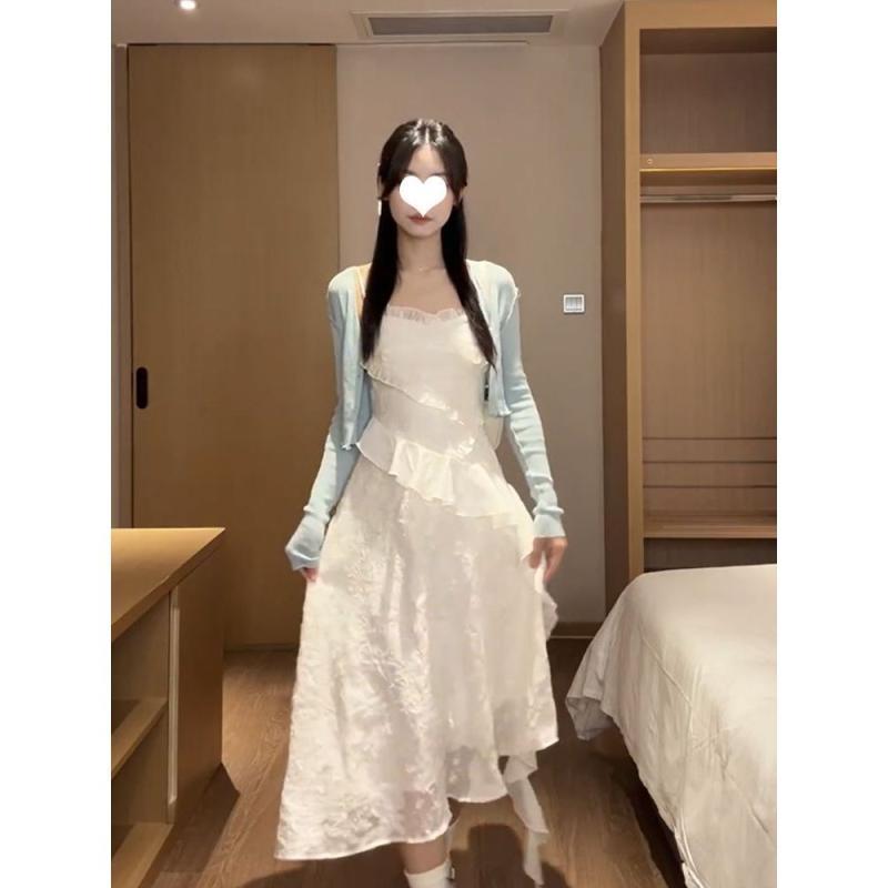 レディース 吊り帯 ワンピース セット 夏 収腰 スリム 気質 仙女 ロングドレス 開衫 タッセル レースアップ 手編み チュール ポリエステル 繊維 ライトブルー アプリコット ピンク 優雅 スタイル 通勤 ゆったり シルエット 吸湿速乾 軽量 接触冷