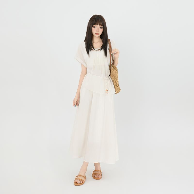レディース 春夏 セットアップ スカート トップス 麻 接触冷感 軽量 ゆったり スリム かわいい 清新 スイート 切り替え デザイン 長丈 半身スカート 純色 半袖 スカイブルー ベージュ ピスタチオ 涼感 日常使い 休日コーデ｜イーマイショップ