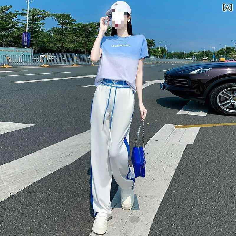 レディース 夏 接触冷感 綿 トップス ワイドパンツ セット アップ 韓国風 潮流 グラデーション プリント 飛沫袖 ロングスリーブ ブルー ピンク 気質 通勤 都市 カジュアル ファッション 軽量 吸湿速乾 印花 ロングパンツ 日常使い