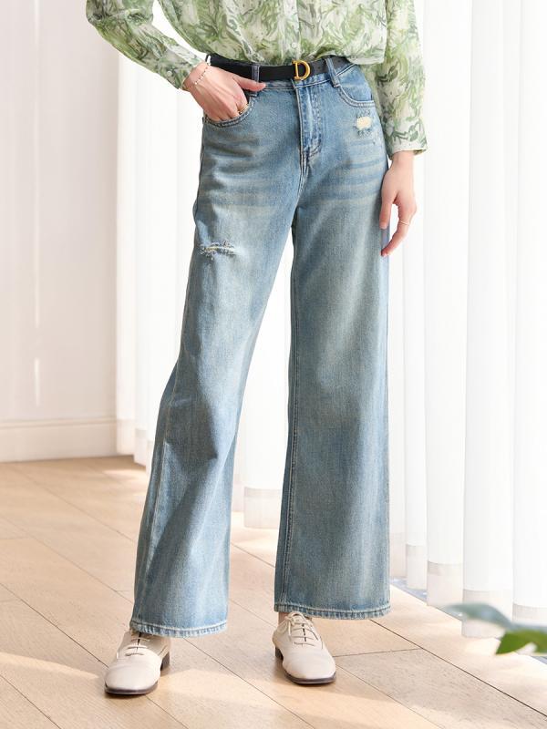 ストレートパンツ 女性用 牛仔 デニム 高腰 ロング丈 破れ加工 水洗加工 垂感 ワイドレッグ ブルー コットン 綿素材 日韓カジュアル 普段使い 膝下丈 膝破れ 軽量 直線シルエット ゆったりフィット デイリーウェア