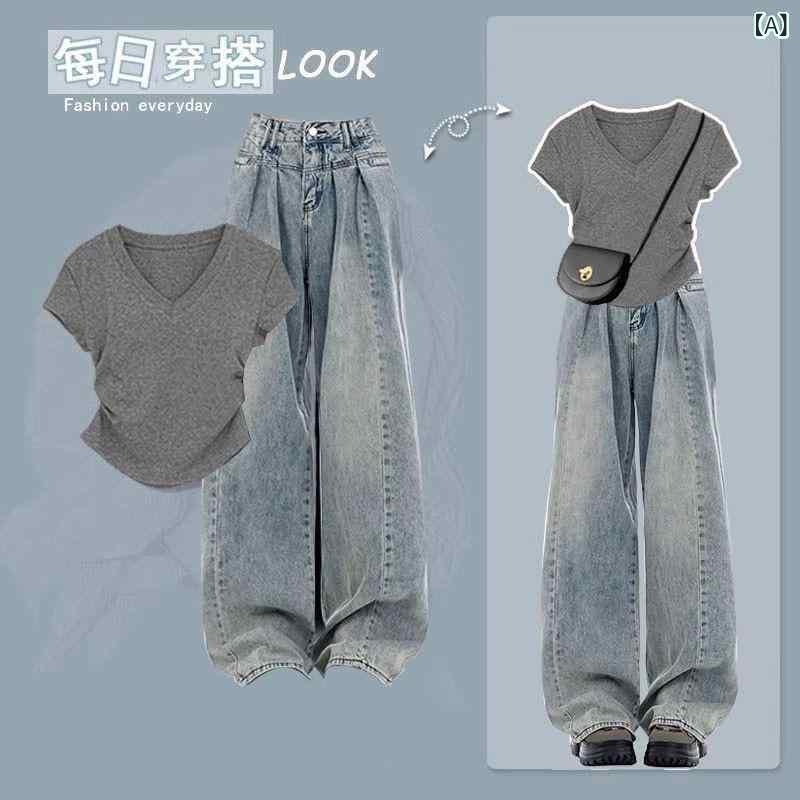 女性 トップス セット かわいい 韓国風 短袖 シャツ 高腰 デニム ロングパンツ ビンテージ スタイル 気質 通勤 都市 ファッション 軽量 伸縮性 吸湿速乾 春夏 普段使い カジュアル ビッグシルエット ブラック ピンク系 アイボリー セットアップ
