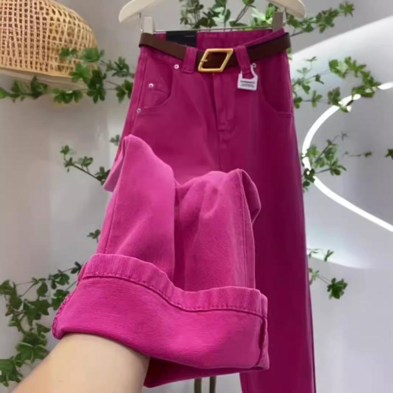 パンツ 女性用 火龍果色 グリーン デニム 牛仔布 綿素材 微弾性 ハイウエスト ワイドレッグ ストレート ゆったり 大きいサイズ 夏 春夏 季節 日韓カジュアル 基本デザイン ロング丈 中厚 ボタン 切り替え 免・聞加工 軽量 吸湿速乾 通勤 普段使い