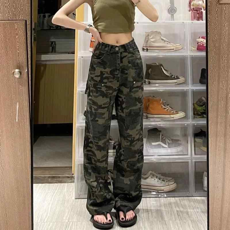 レディース デニムパンツ 直筒 迷彩柄 高腰 春秋 復古風 伸縮性なし 中厚 コットン ポリエステル 混紡 ラッキーアイテム 普段使い 街着 個性 スリムライン ロング丈 ジッパー 加工 アイボリー グリーン ブラック ミックス カジュアル スタイル