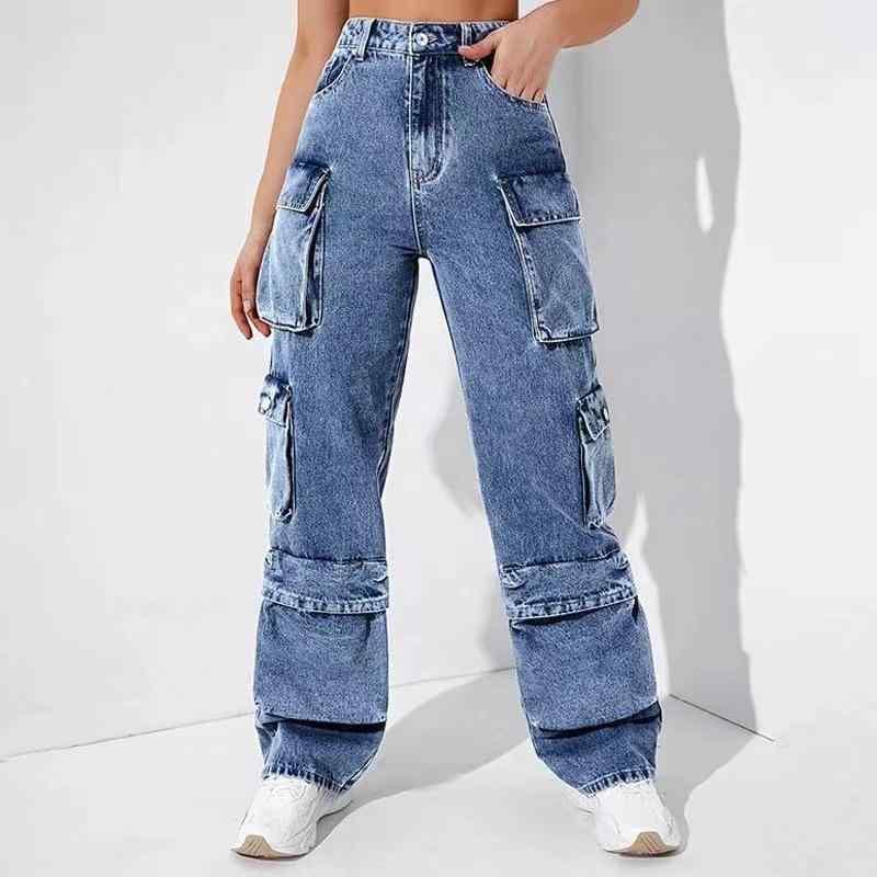 レディース デニムパンツ 牛仔布 高腰 切り替えポケット 長ズボン ミドル厚 ブルー ワイドシルエット 綿混紡 ポリエステル混 無弾性 工装風 街頭スタイル 普段使い 秋シーズン 個性ファッション