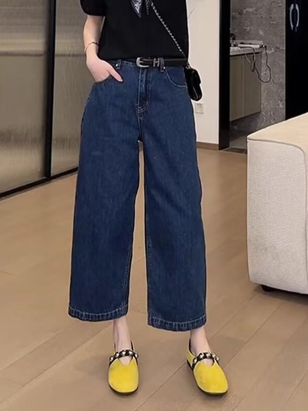 パンツ 女性用 夏用 デニム 直筒 九分丈 コットン ポリエステル 中厚 ハイウエスト ゆったり ビッグシルエット テーパード ヴィンテージ 洗い加工 気質 通勤 快適 デイリー 軽量 ノンストレッチ 深青 ブルー インディゴ スリム効果 スタイルアップ
