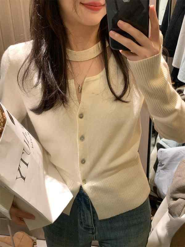 ニットカーディガン 女性用 春夏 薄手 綿 ポリエステル 修身シルエット 長袖 Vネック 半開き襟 シングルボタン 切り替え 撞色 米白色 ブラック 気質 通勤風 シンプル フレンチスタイル 小柄対応 単品 普通丈 ピッタリフィット 吸湿性 軽量 普段使