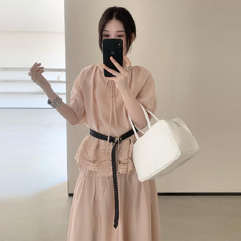 レディース 春夏 韓国風 シンプル 気品 丸首 レース 刺繍 花柄 長袖 泡泡袖 切り替え 天竺 レイヨン ポリエステル ピンク ベージュ ロングスカート セット トップス スカート 半身 Aライン ロング丈 フレア シルエット 軽量 通勤 普段使い カ