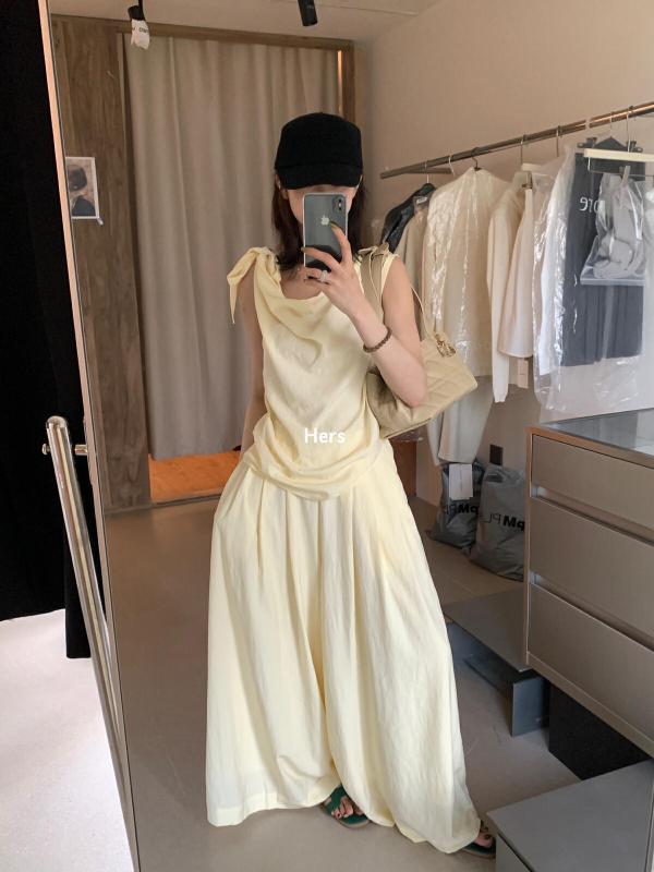 レディース トップス ブラウス 無袖 プリンセススリーブ ブラック グレー紫 セット ワイドパンツ ロング丈 コットンポリエステル 接触冷感 吸湿速乾 軽量 通勤 普段使い カジュアル 気質 シンプル 韓国風 2025 夏