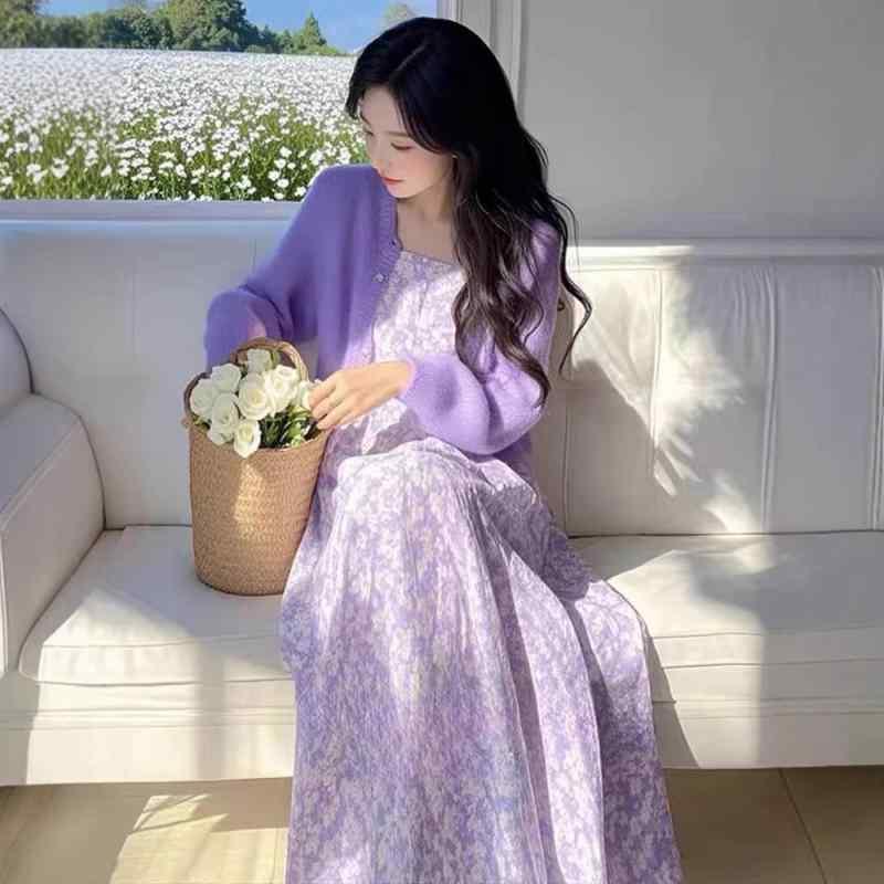 ワンピース セット レディース かわいい 紫色 花柄 吊り帯 中長丈 長袖 切り替え デザイン 気質 通勤風 普段使い ?綸 ポリエステル 素材 軽量 伸縮性 吸湿速乾 機能 春夏 秋 シーズン 対応 カジュアル スタイル トップス スカート 組み合わせ|イーマイショップ