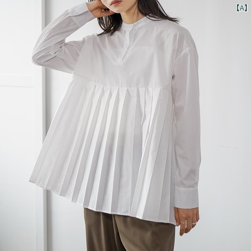 シャツ 女性用 気質 通勤 都市風 切り替え プリーツ ゆったり ロング丈 超長袖 ハングネック フレア袖 接触冷感 吸湿速乾 軽量 伸縮性 白色 ブラック カーキ ライトブルー 春夏 秋冬