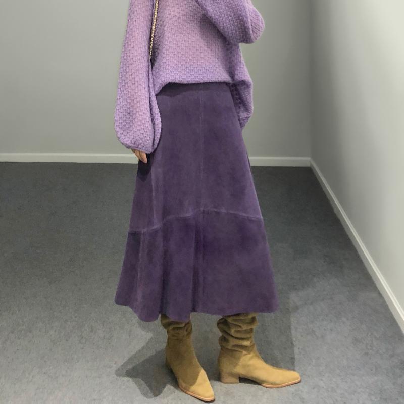 スカート 女性用 紫色 黄褐色 ダークブラウン 長め フレアスカート 半身スカート 高腰 綿羊スエード 天然皮革 切り替え 微弾性 気質 シンプル 通勤用 普段使い 秋冬 春季 ユーズド加工｜イーマイショップ