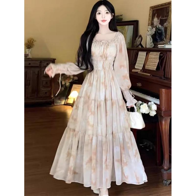 ワンピース 春夏 レディース Aライン ロングスカート 花柄 プリント フラワー柄 花色 フレンチスタイル 宮廷風 仙女風 海辺 リゾート バカンス ロングドレス 長袖 方領 ハイウエスト 長丈 スカート ポリアエステル ポリエステル ?? 再生繊維 甘 4,734円