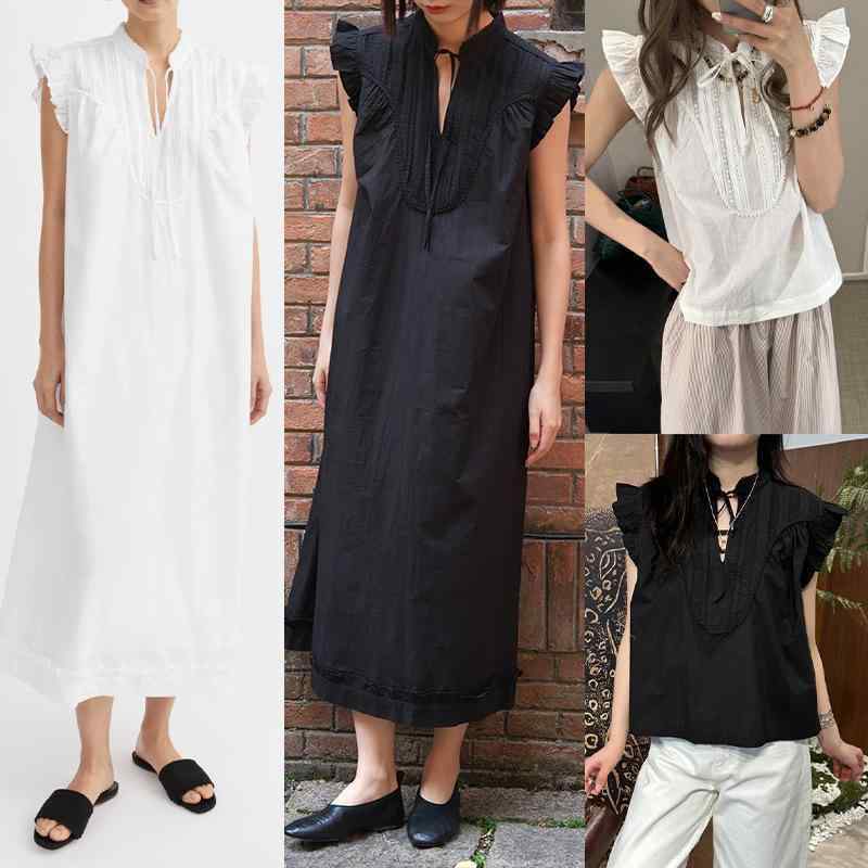 ワンピース レディース 春夏 少女風 甘め スリム Aライン ロング ラウンドネック ノースリーブ フラワーエッジ ドローストリング ショートパフスリーブ コットン 軽量 通気性 純色 ホワイト ブラック ゆったり腰回り かわいい 普段使い 爽やか トッ