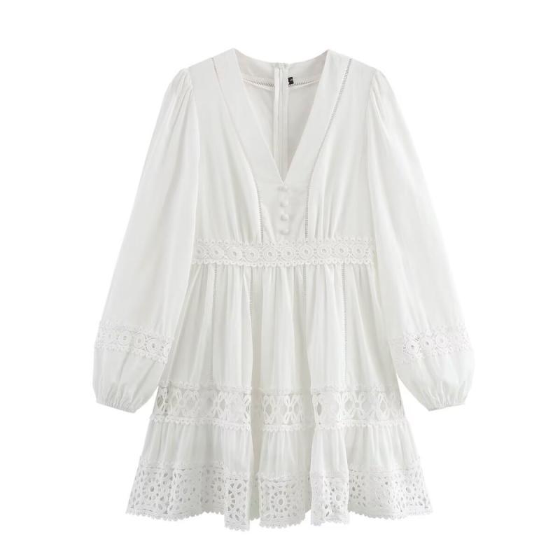 ワンピース 女性用 春夏 Vネック 綿混 花柄切り替え レース 短丈 Aライン ロングスリーブ 中腰 単品 街頭スタイル 純色 ホワイト 軽量 伸縮性 吸湿速乾 透け感 ファッション 普段使い カジュアル