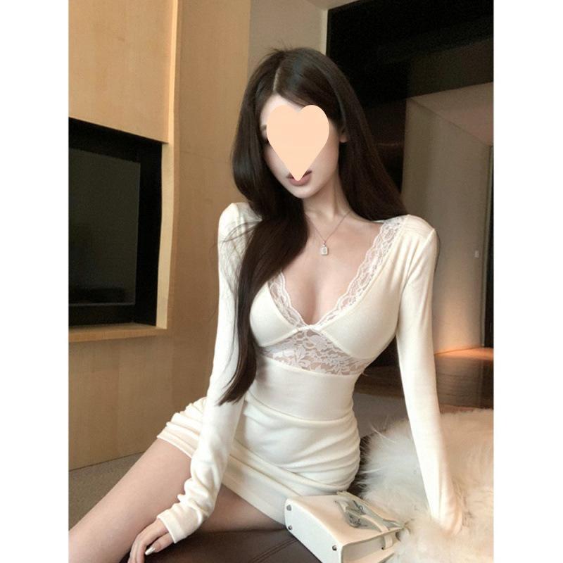 ワンピース 女性用 セクシー 切り替え レース かわいい 収腰 スリム 立領 フレンチスタイル エレガント 包臀 連衣裙 斜肩 中丈 仙女スカート 飛袖 長袖 中腰 印花 モダール 抽象柄 複合加工 ブラック ホワイト 街頭 潮人 一粒ボタン