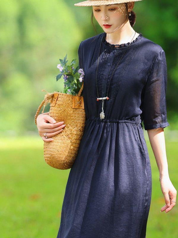 ワンピース 女性用 夏 ?麻 刺繍 Aライン 中長丈 花辺ラウンドネック 五分袖 中腰 ポケット 付き 単品 セットアップ なし 純色 柄 復古風 芸術的 スタイル 接触冷感 軽量 通気性 良い 日常使い コーディネート 容易 紺色 系 95% 以上 天