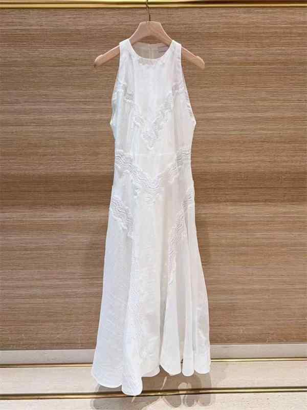 ワンピース 女性用 夏 無袖 レース 背心 フレンチスタイル 中長丈 Aライン 中腰 収腰 デザイン レイヤード セットアップ 天竺 ライセルの混紡 接触冷感 軽量 通気性 伸縮性 丸首 3D 立体 プリント 純色 ピュアホワイト ベーシックカラー エレ