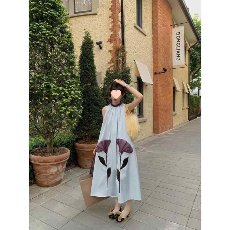 ワンピース 背心スカート ミッドレングス 無袖 ラウンドネック ブルー ライトブルー 花柄 枝葉花 花卉 レース チュール 網目 スパンコール クリスタル 花モチーフ ビンテージ レトロ 芸術的 中国風 インスピレーション PVC素材 軽量 通気性 春夏|イーマイショップ