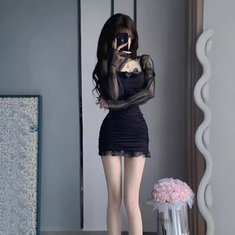 ワンピース レディース 秋 黒 セクシー ヒョウ柄 泡泡袖 長袖 レース 切り替え 蝶ネクタイ ピュア スリム ハイウエスト 包臀 ミニスカート ボディコン 接触冷感 ポリエステル 紡績 単品 セットアップ コットンライク 伸縮性 軽量 通勤 デート 私