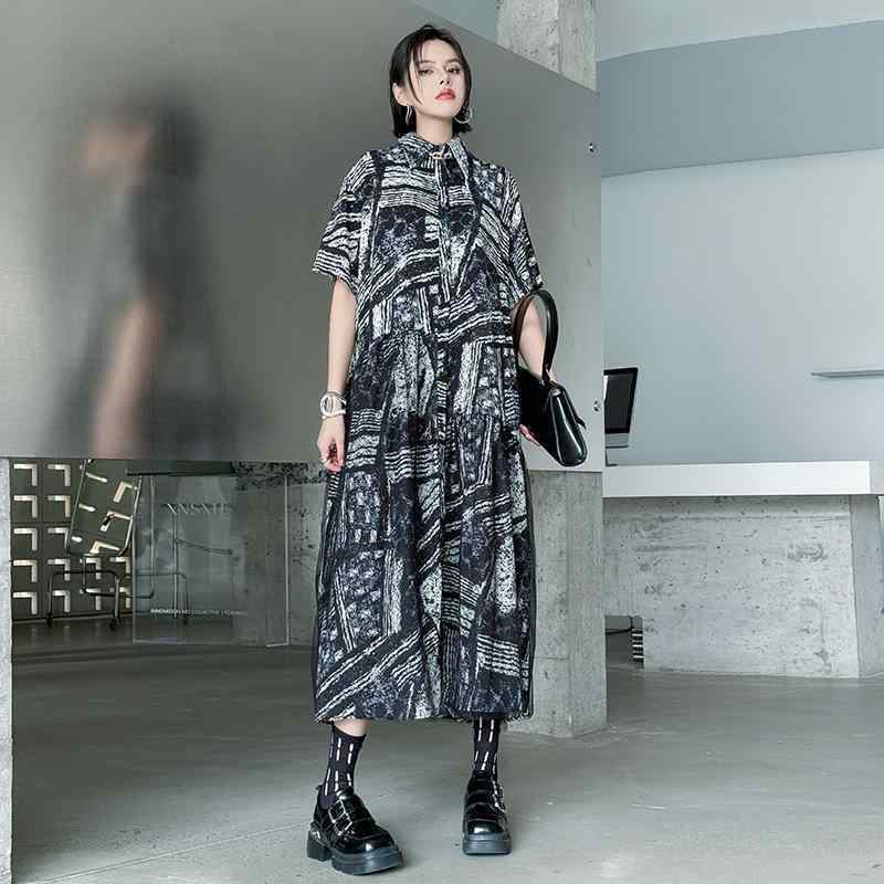 ワンピース 女性用 夏 黒 接触冷感 綿混紡 網? 切り替え プリント Aライン ロングスカート ポロカラー 短袖 ゆったり ワイドシルエット 街頭スタイル 個性派 シフォン素材 軽量 通勤 普段使い 涼しい 吸湿速乾 デザイン性