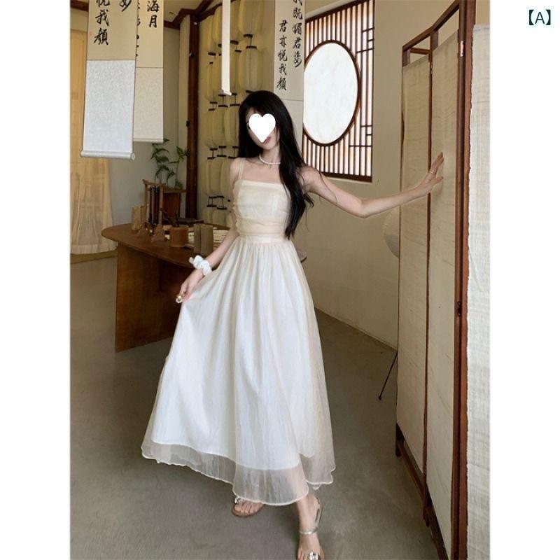 ワンピース 女性用 夏 吊り下げ スリップドレス かわいい 収腰 スリム レース ネット素材 復古 ガーリー ロング スカート 無袖 一字領 松腰 伸縮性 軽量 街頭スタイル 米白色 ポリエステル 混紡 涼しい 通勤 普段使い ハイウエスト ビッグシルエ