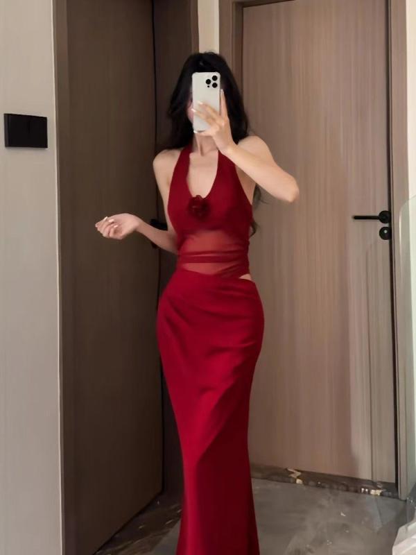 ワンピース 女性用 夏 接触冷感 網目レース 切り替え ハングネック ロングドレス 高腰 包み込みスカート 無袖 トップス 赤 軽量 伸縮性 吸湿速乾 通勤 普段使い 気質 カジュアル ファッション セクシー
