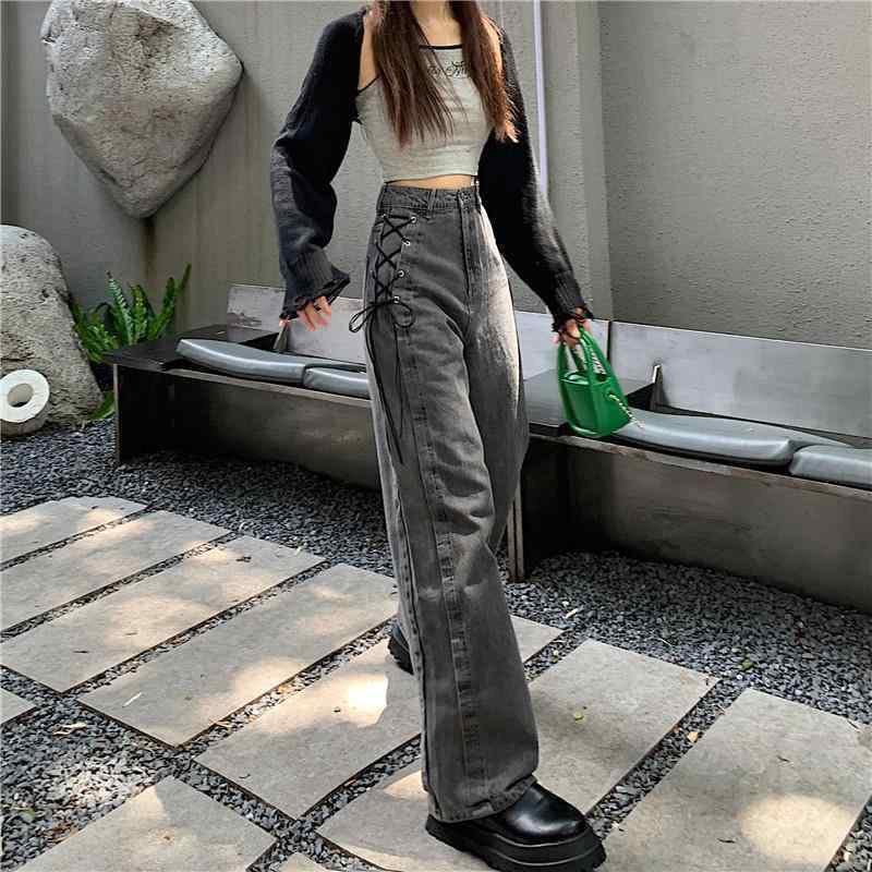 ワイドパンツ 女性用 デニム ロングパンツ ハイウエスト 綿 薄手 微弾性 直筒型 煙灰色 通勤風 気質 デザイン 気質通勤 普段使い 軽量 伸縮性 切り替え 洗い加工 ラグジュアリー カジュアル