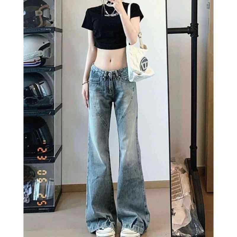 レディース デニムパンツ 復古 ミッドライズ ワイドレッグ ハイウエスト 長丈 牛仔 洗い加工 綿 スパンデックス ミックス 春季 ブルー 軽量 伸縮性 吸湿速乾 3D 立体パターン シルク加工 カジュアル 普段使い ストリート ファッション トップス