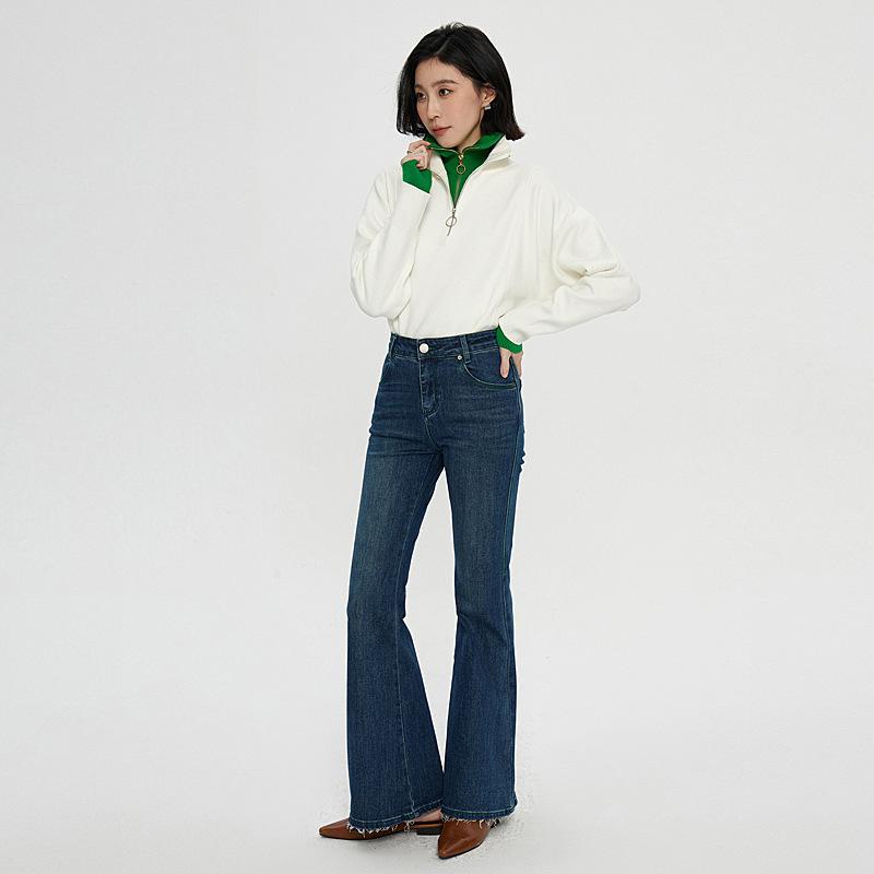 牛仔パンツ 女性用 秋冬 ハイウエスト 微喇 ロング丈 ストレッチ デニム 綿素材 厚手 ジッパー 洗い加工 ボタン スリム ゆったり 普段使い 牛仔ブルー 高級感 軽量