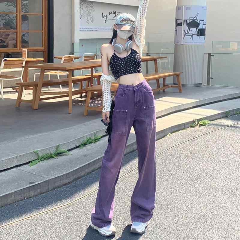 ワイドパンツ 女性用 秋 デニム コットン 素材 高腰 ストレート シルエット ゆったり フィット 垂感 スリム効果 ロング丈 デザイン ポケット 付属 快適 日常使い 軽量 ストレッチ なし 中厚