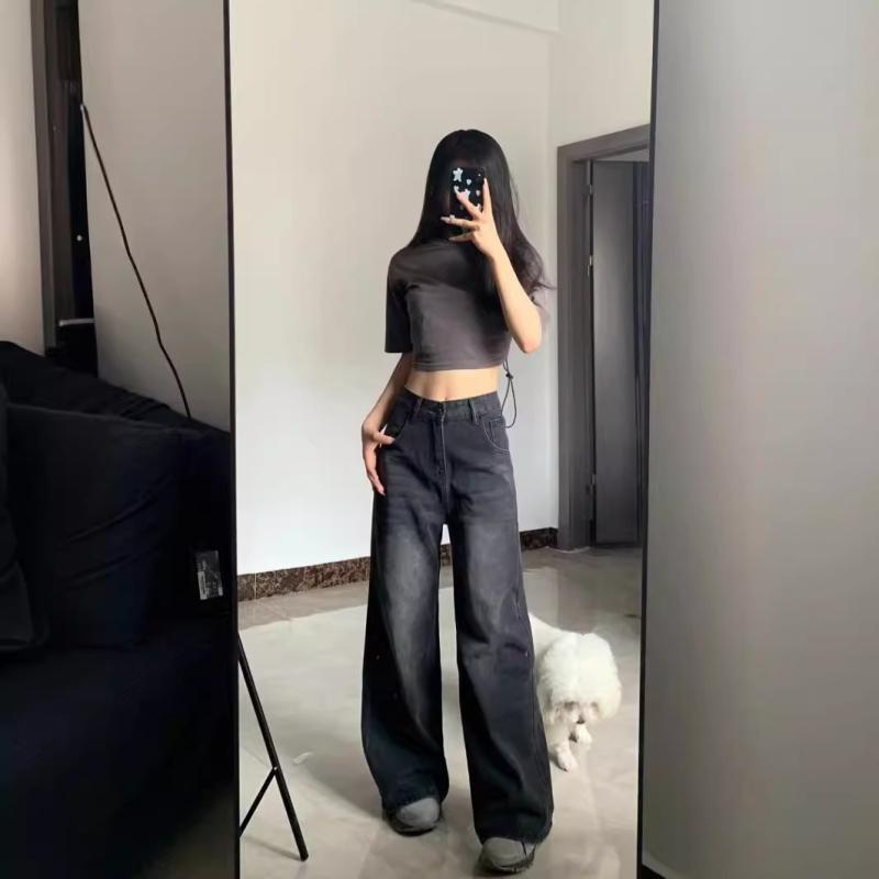 レディース デニムパンツ 高腰 マイクロフレア ストレート ワイドレッグ ロング丈 黒 グレー ストレッチ ポリエステル混 コットン ミックス ヴィンテージ加工 やり過ごし風 快適 ゆったり シルエット スリム効果 ミッドウェイト コットン素材 ポリエス