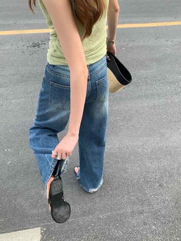 レディース デニムパンツ 復古 破れ加工 高腰 ストレート コットン ポリエステル ミックス ミッドウェイト ロング丈 ブルー 夏 ルーズフィット スリミング フロアレングス ワイドレッグ 洗い加工 カジュアル スタイル 日常使い 軽やか 素材 吸湿性