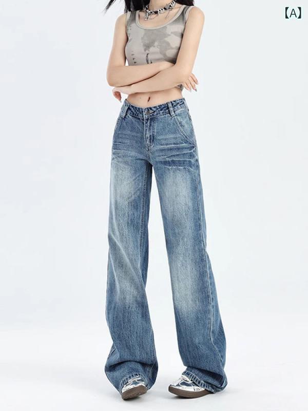 レディース デニムパンツ 低腰 フレア ワイドレッグ ロング丈 ビッグサイズ クラック加工 ビンテージ風 春夏 コットン素材 微弾性 軽量 ストレッチ 吸湿速乾 デザイン性 スリム効果 ゆったりシルエット 日常使い 快適 ブルー系 カジュアルスタイル