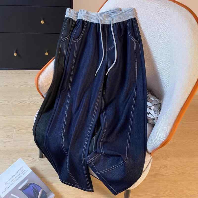 デニムパンツ 女性用 夏 高腰 ワイドレッグ ゆったり ロング丈 気質 ドラッグスタイル 香蕉パンツ 綿混 ストレッチ ポケット ディープブルー 日韓カジュアル 砂洗加工 快適 日常使い